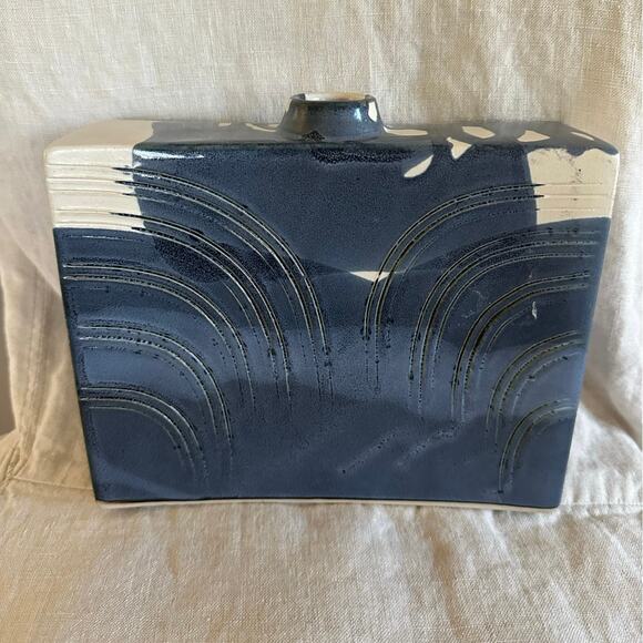 Blue Swirl Vase Rectangle Hand painted signed modern one flower 7x8.5x2.5”Asian - Picture 1 of 16